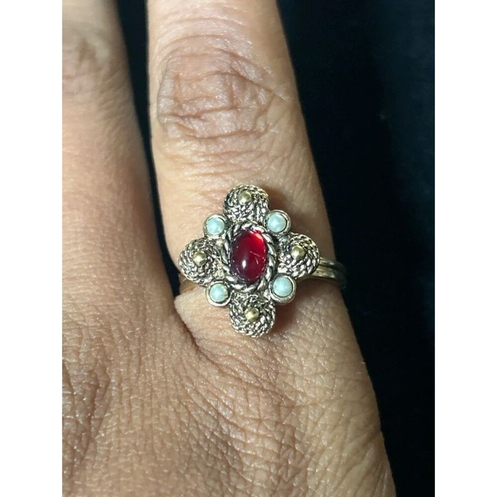 Vintage Sarah Coventry Red Stone & Faux Pearl Floral Ring